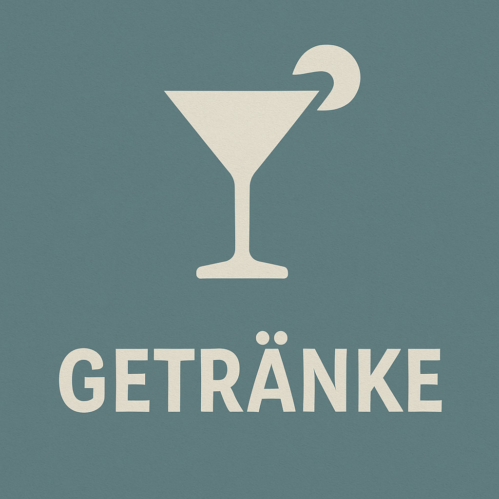 Blaugraue Kachel mit Cocktailglas-Symbol und Schriftzug Getränke