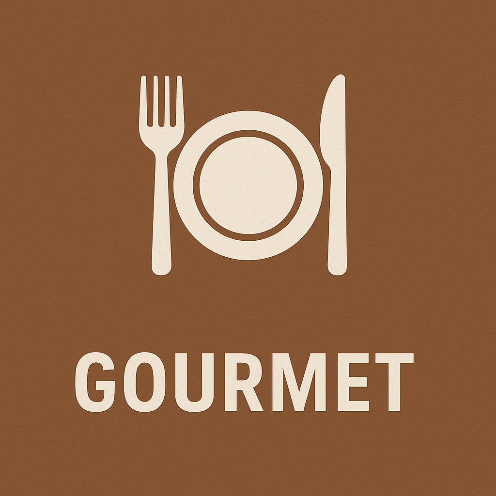 Braune Kachel mit Teller-, Messer- und Gabelsymbol sowie Schriftzug Gourmet