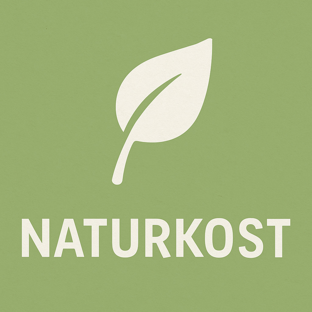 Hellgrüne Kachel mit stilisiertem Blatt und Schriftzug Naturkost
