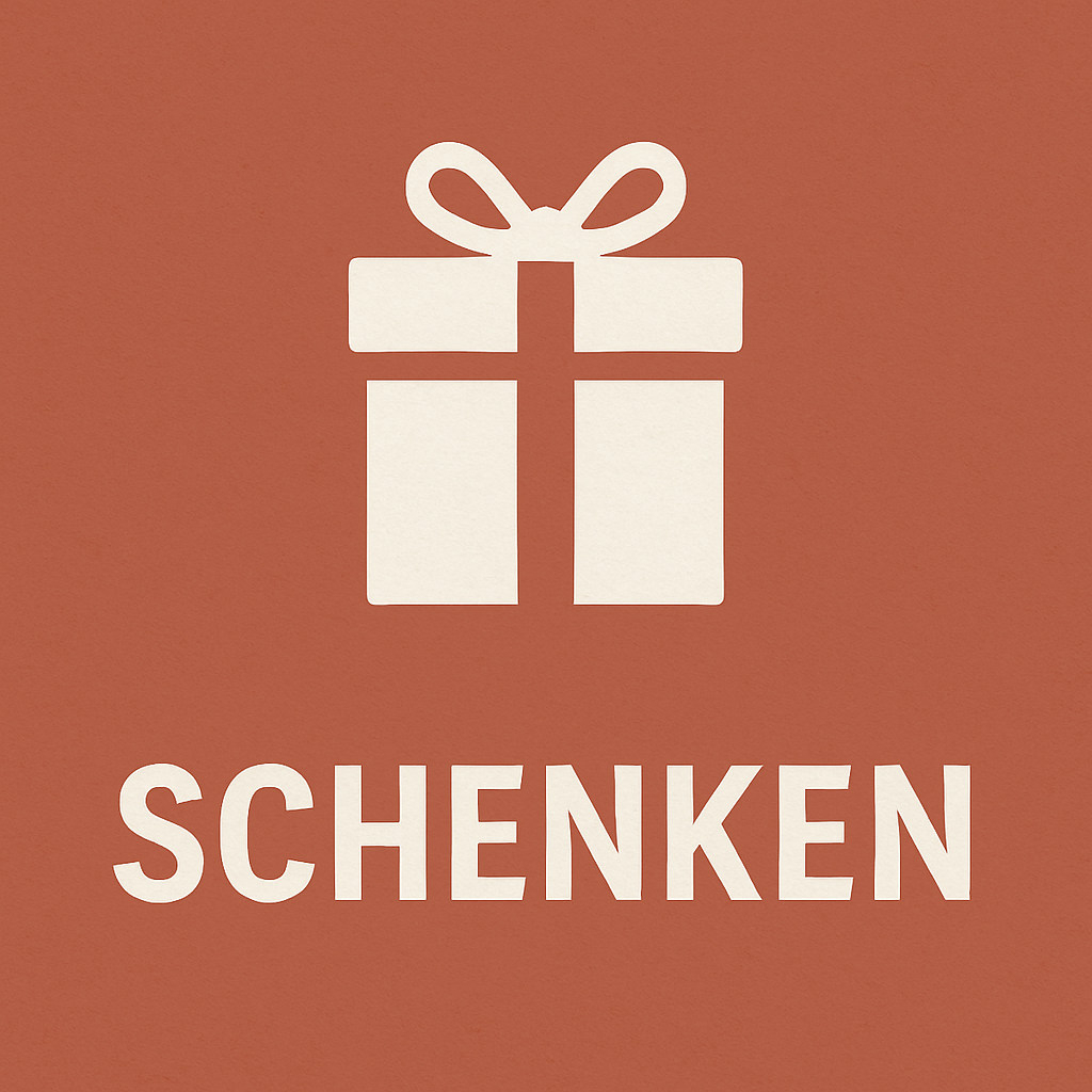 Rote Kachel mit Geschenkpaket-Symbol und Schriftzug Schenken