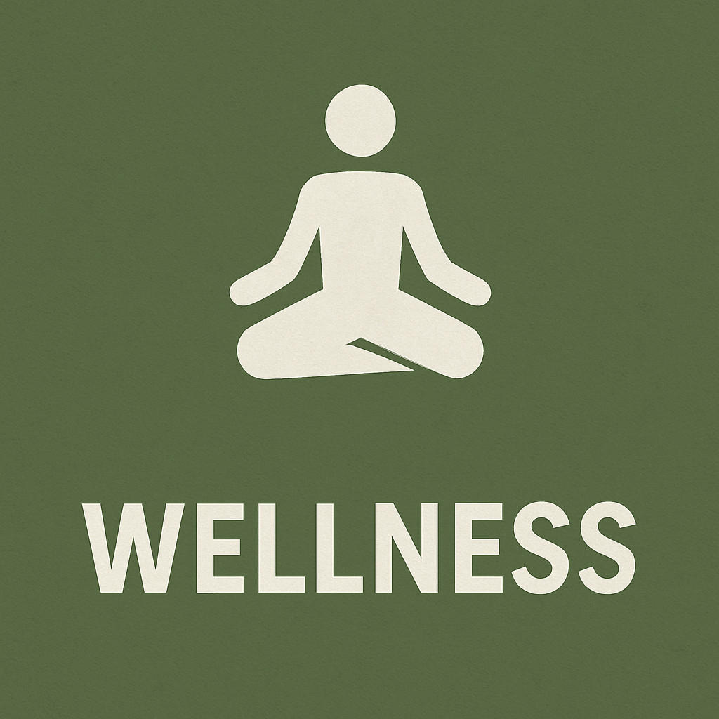 Dunkelgrüne Kachel mit meditierender Figur und Schriftzug Wellness