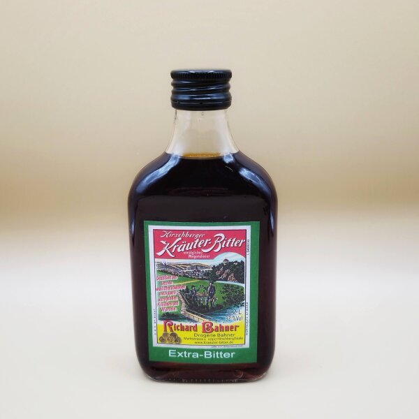 Hirschberger Kräuter-Bitter Extra-Bitter in kleiner kantiger Flasche mit grünem Etikett