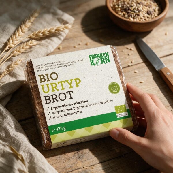 FRANKENKORN Bio Urtyp Brot in Verpackung auf Holztisch mit Getreideähren und Körnern